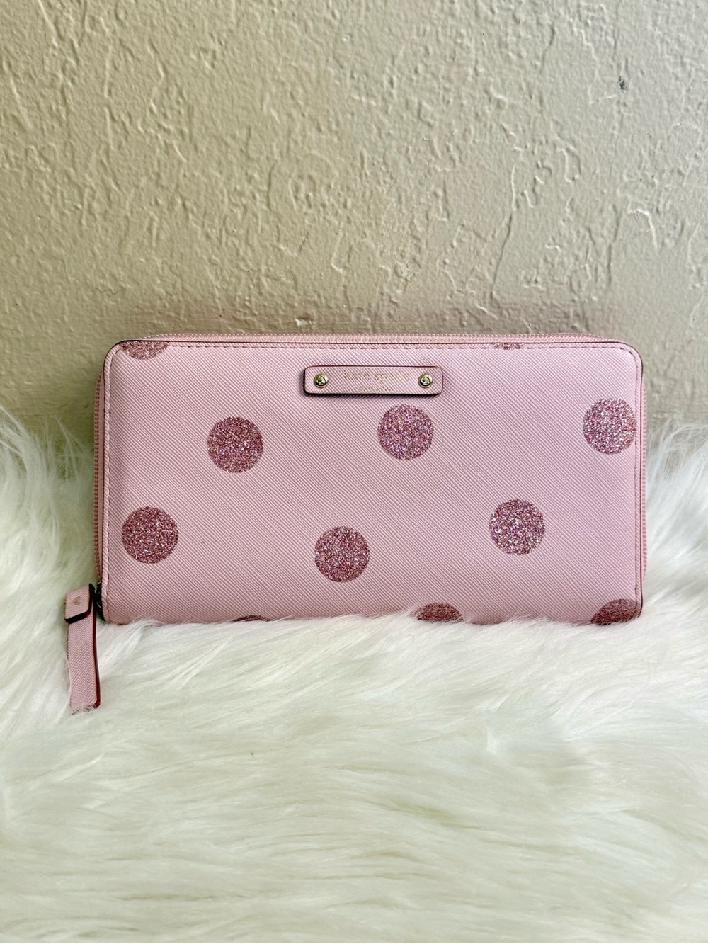 Kate Spade Pink Glitter Polka Dot Zip Around Wallet